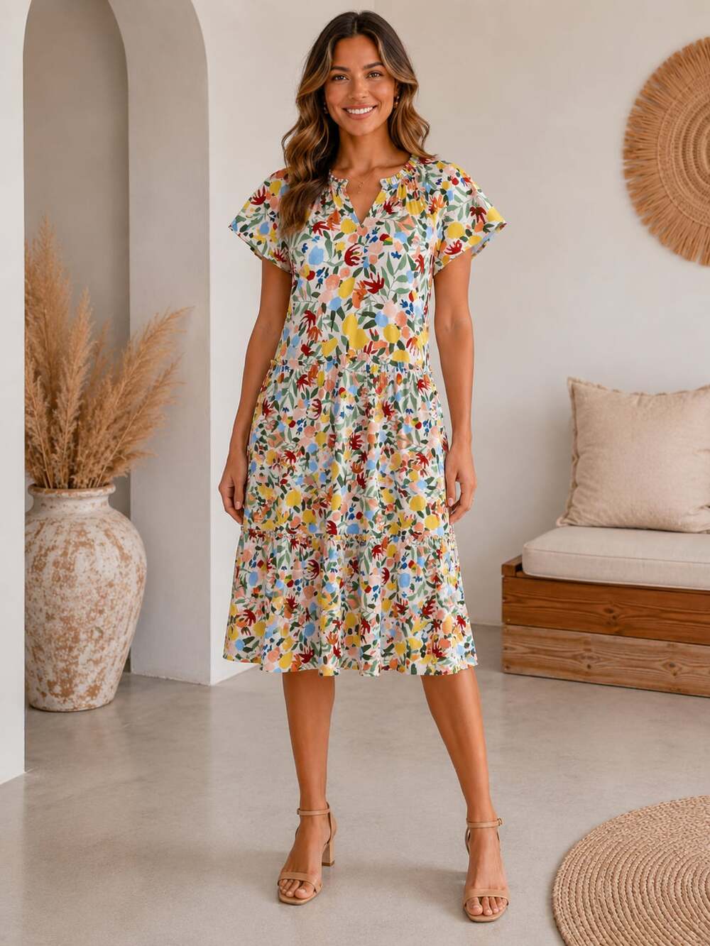 Hope Ave Floral Tiered Mini Dress Small Flutter Sleeve Lined Cottagecore